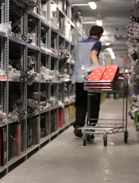 Warehouse worker pushing a cart filled with boxes through shelves stocked with auto parts.