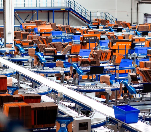 Autodoc logistics center with conveyor belts and automated robots sorting orange and brown packages.
